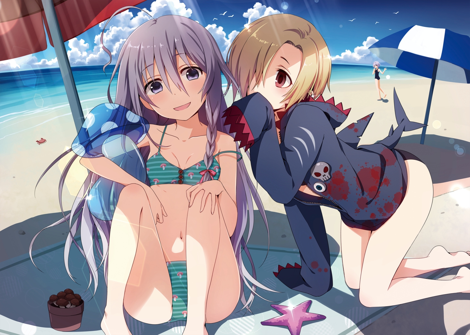 animal, barefoot, beach, bikini, blonde_hair, braids, clouds, crab, gray_eyes, gray_hair, hoshi_shouko, idolmaster, idolmaster_cinderella_girls, long_hair, love_live!_school_idol_project, natsume_kintoki, navel, school_swimsuit, shirasaka_koume, short_hair, sky, swimsuit, umbrella, water