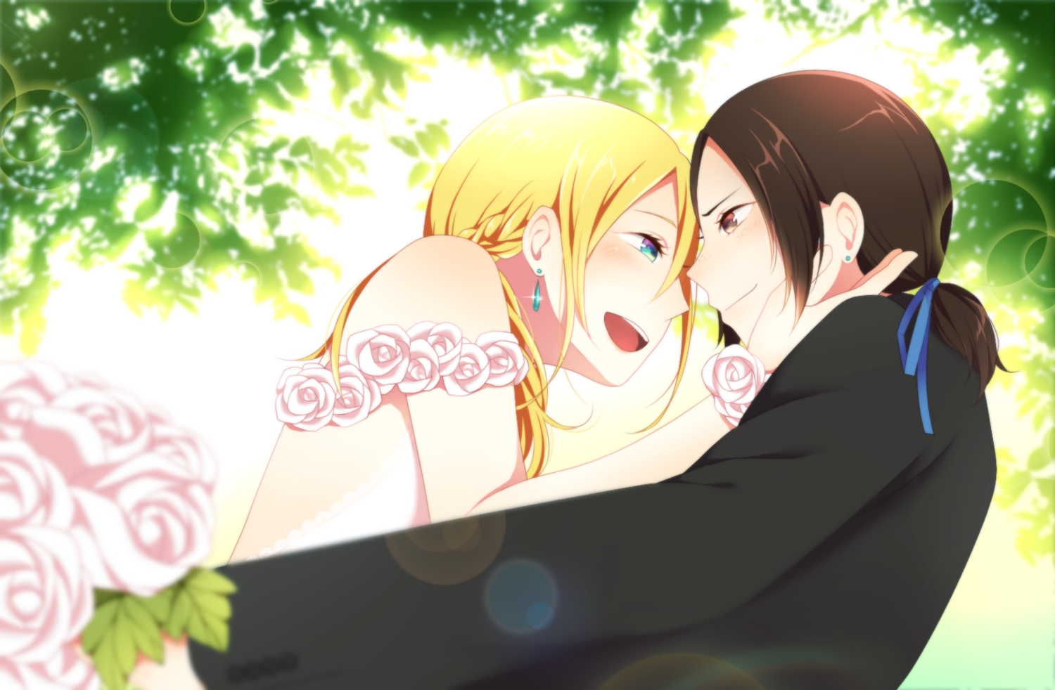2girls, aqua_eyes, blonde_hair, blush, braids, brown_eyes, brown_hair, christa_renz, flowers, kogarashi_midori, ribbons, shingeki_no_kyojin, shoujo_ai, wristwear, ymir_(shingeki_no_kyojin)