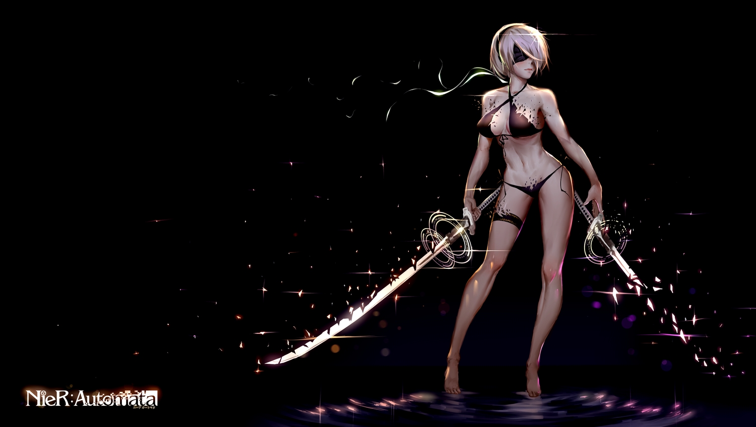barefoot, bikini, black, blindfold, breasts, dark, gray_hair, headband, katana, logo, navel, nier, nier:_automata, pauld, short_hair, swimsuit, sword, weapon, yorha_unit_no._2_type_b