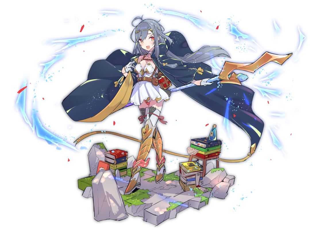 aliasing, book, boots, breasts, gloves, gray_hair, long_hair, original, panties, paper, spear, tajima_ryuushi, underwear, weapon, white