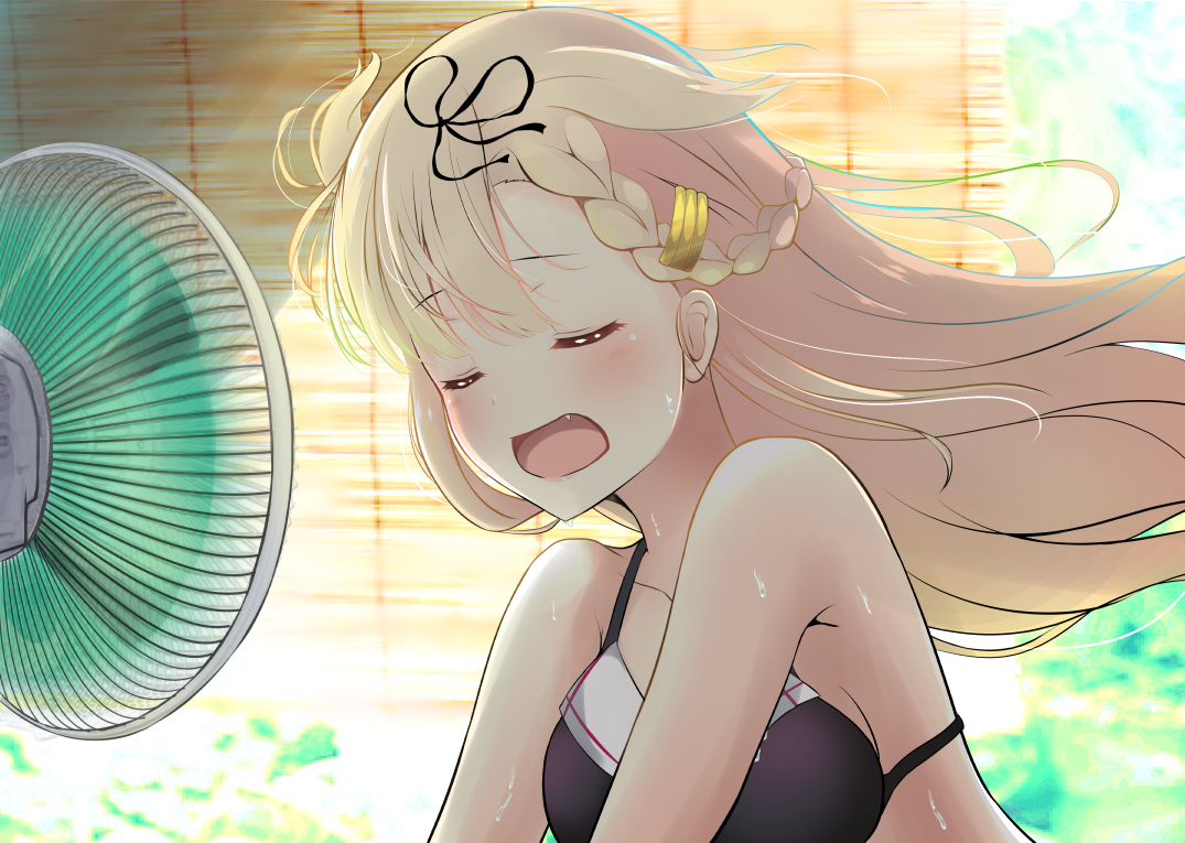 amagami_(makise_tsubaki), anthropomorphism, bikini_top, blonde_hair, braids, breasts, fan, fang, kantai_collection, long_hair, yuudachi_(kancolle)