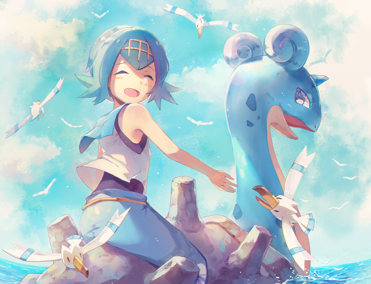 animal, aqua_hair, bird, blush, clouds, lapras, nagakura_(seven_walkers), pokemon