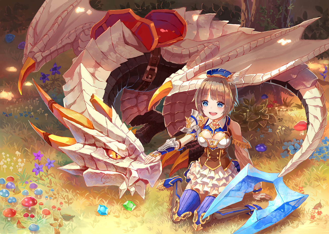 armor, blue_eyes, boots, breasts, brown_hair, dragon, flowers, grass