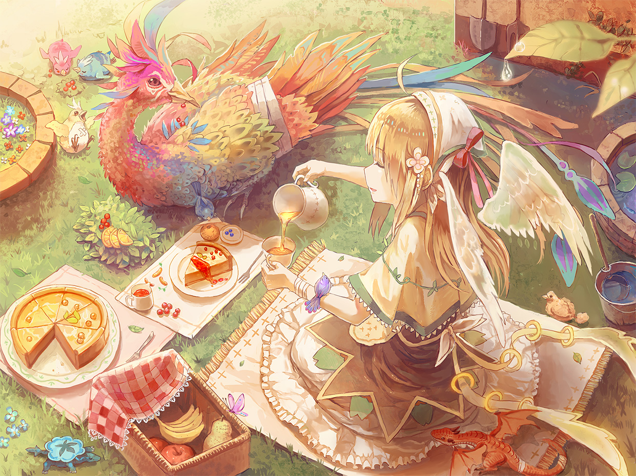 animal, apple, bird, cherry, dragon, drink, flowers, food
