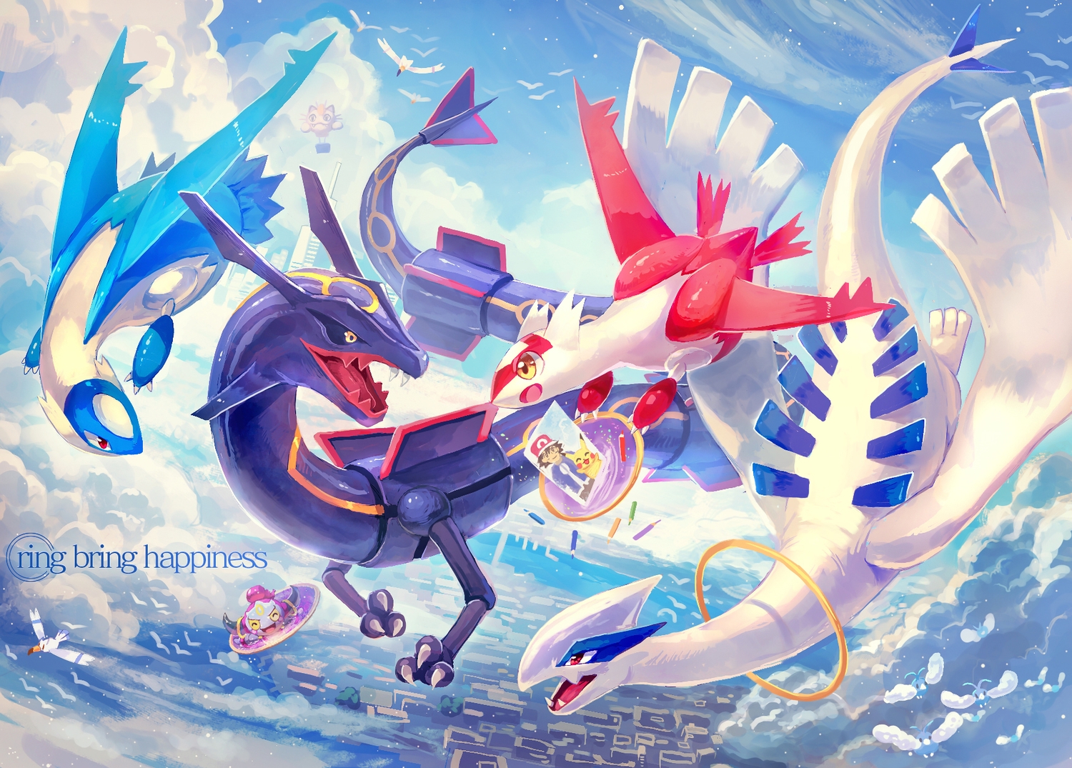 animal, bird, clouds, latias, latios, lugia, meowth, nagakura_(seven_walkers)
