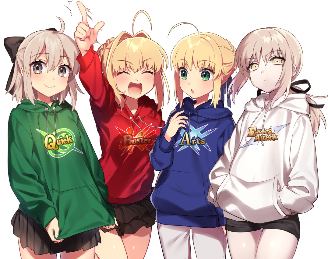 artoria_pendragon_(all), blonde_hair, fate/grand_order, fate_(series), gray_eyes, green_eyes, hood, ichinose_yukino