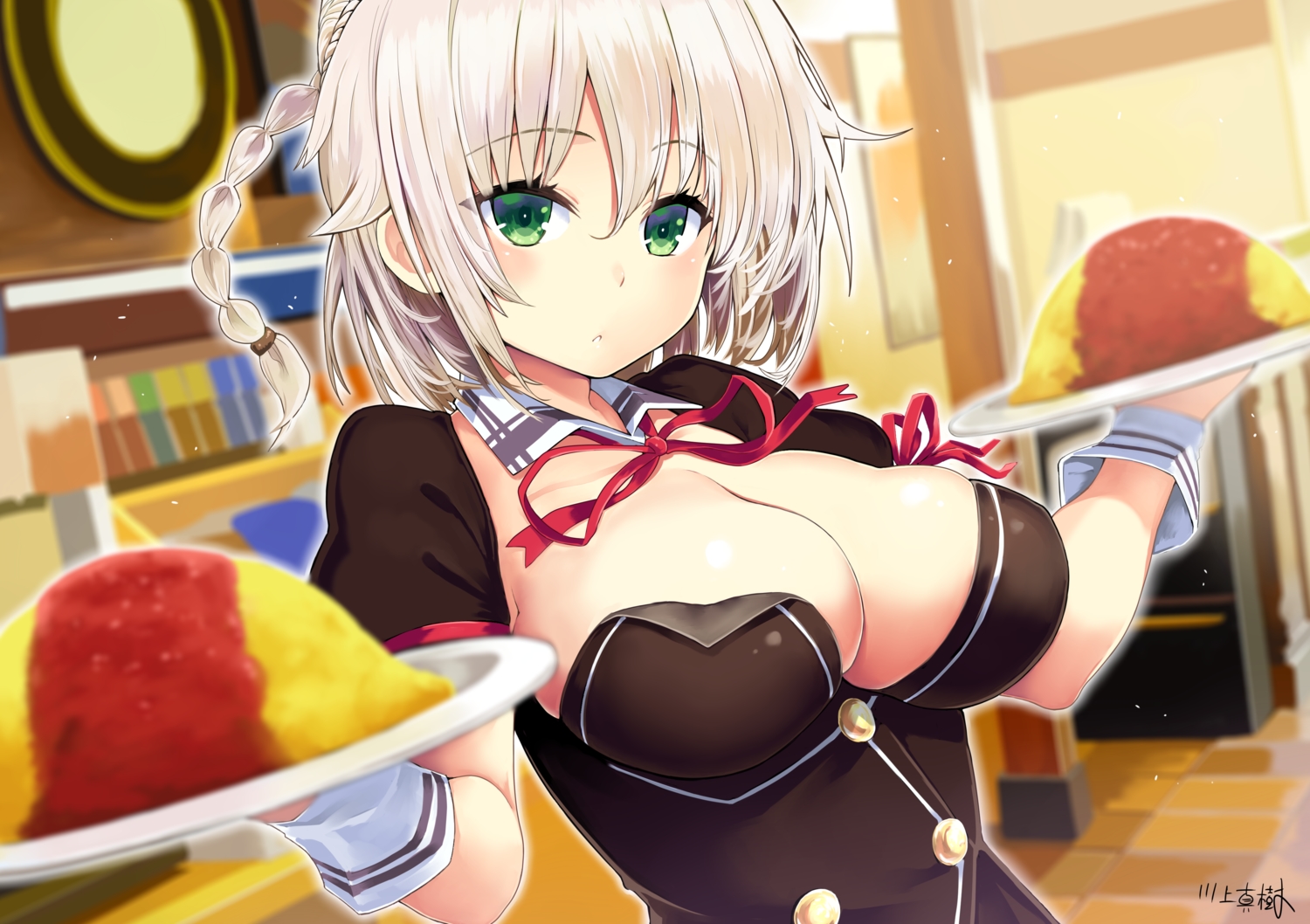 braids, breasts, cleavage, food, gray_hair, green_eyes, kawakami_masaki, no_bra