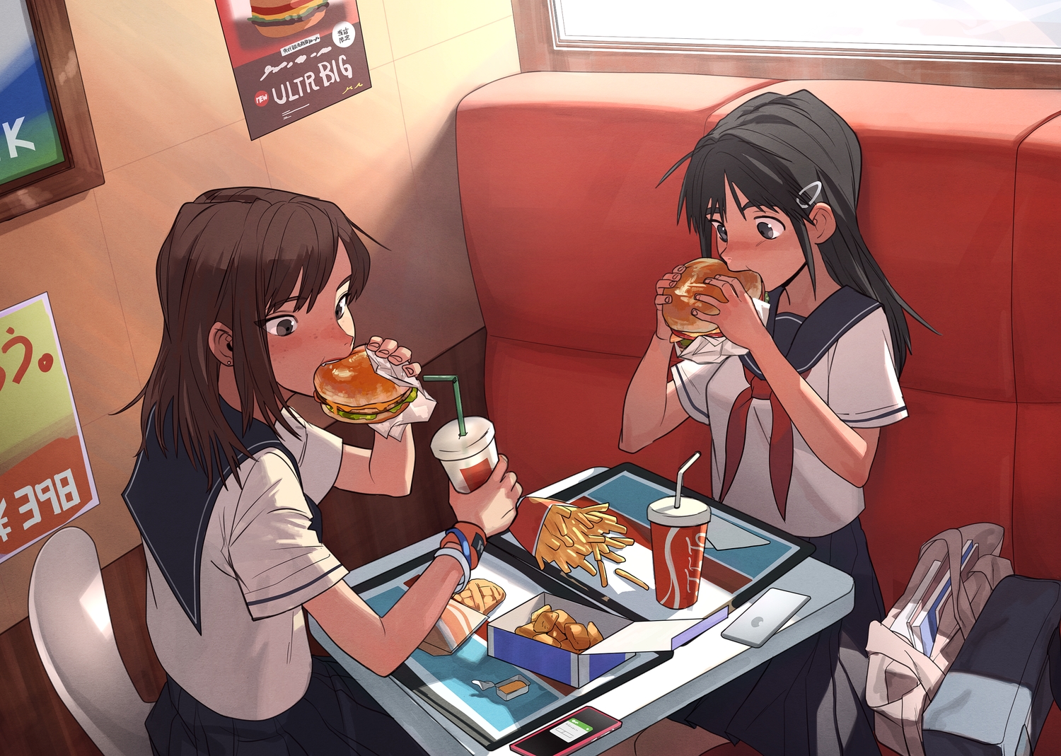 2girls, black_eyes, black_hair, book, brown_eyes, brown_hair, drink, food, long_hair, original, phone, school_uniform, short_hair, skirt, summergoat