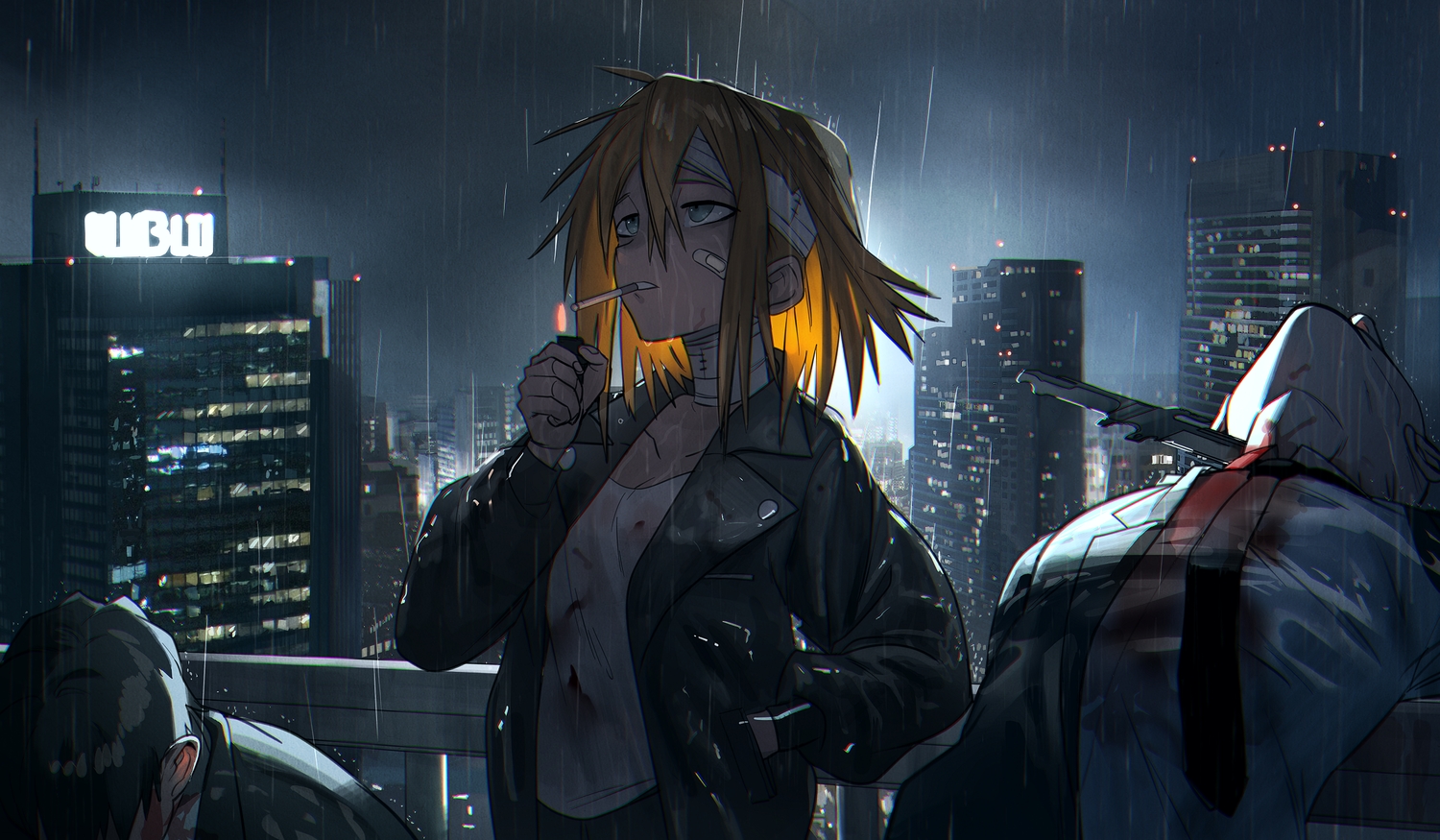 bandaid, blonde_hair, blood, building, city, flat_chest, gray_eyes, headband, knife, male, night, original, rain, short_hair, sky, smoking, summergoat, water, wet