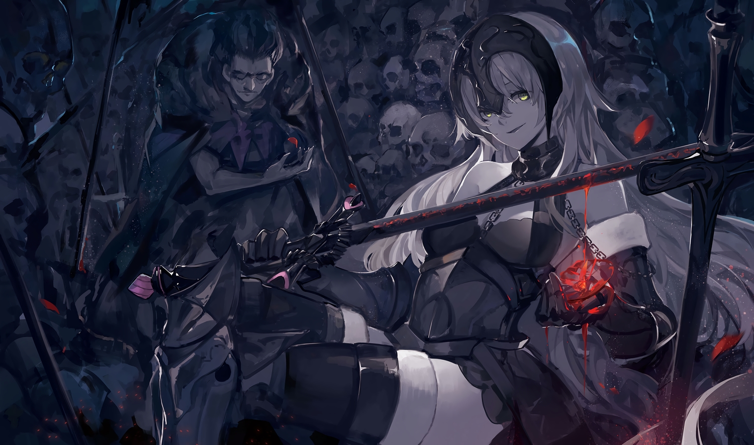 armor, blood, boots, breasts, chain, elbow_gloves, fate/grand_order, fate_(series)