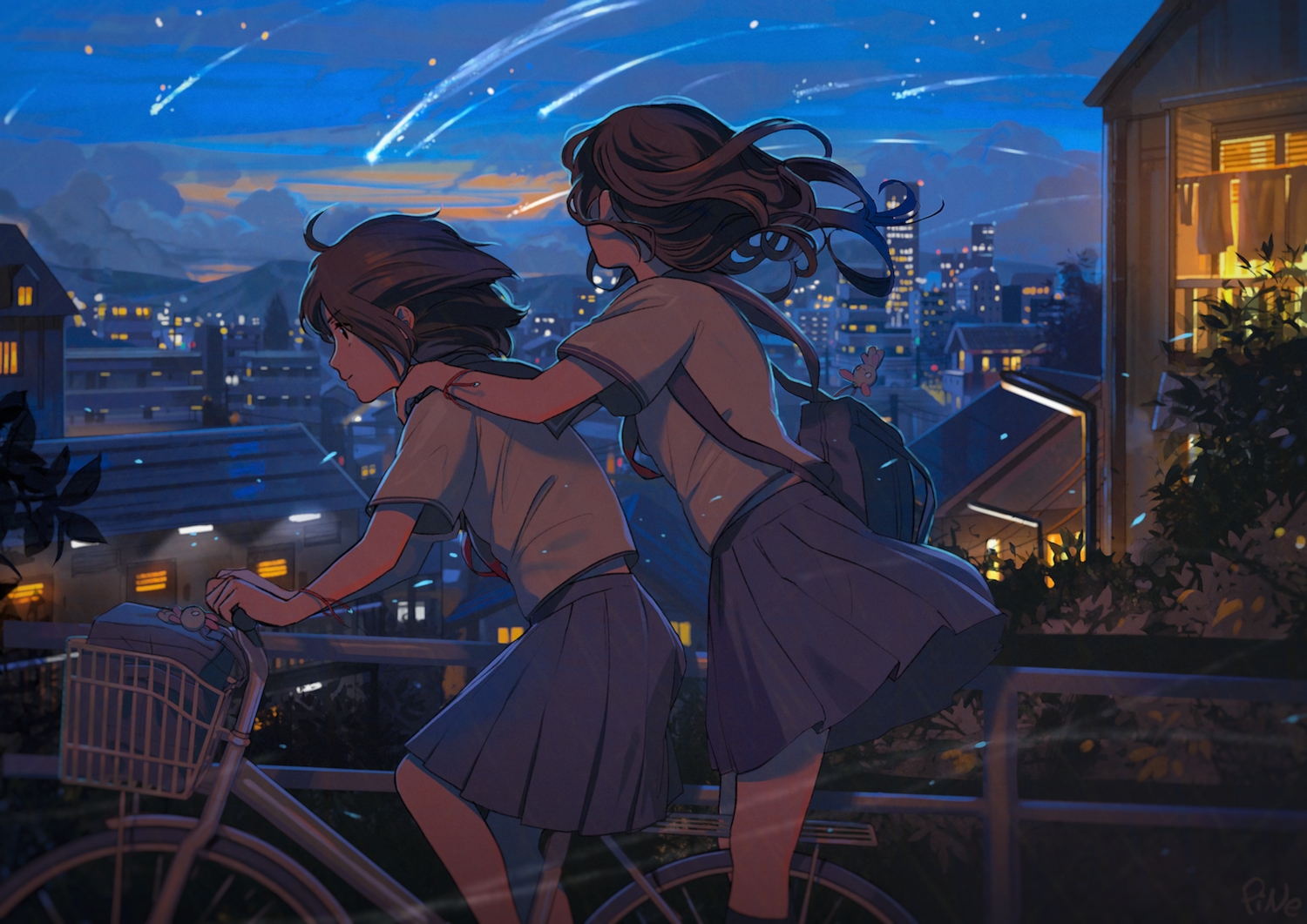 2girls, bicycle, brown_hair, building, city, clouds, night, original