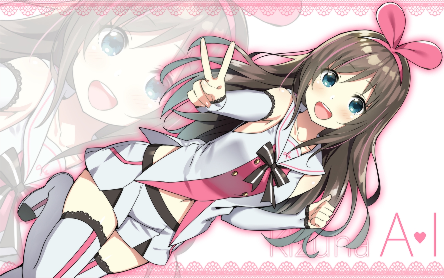 a.i._channel, blush, bow, brown_hair, headband, kizuna_ai, long_hair, navel