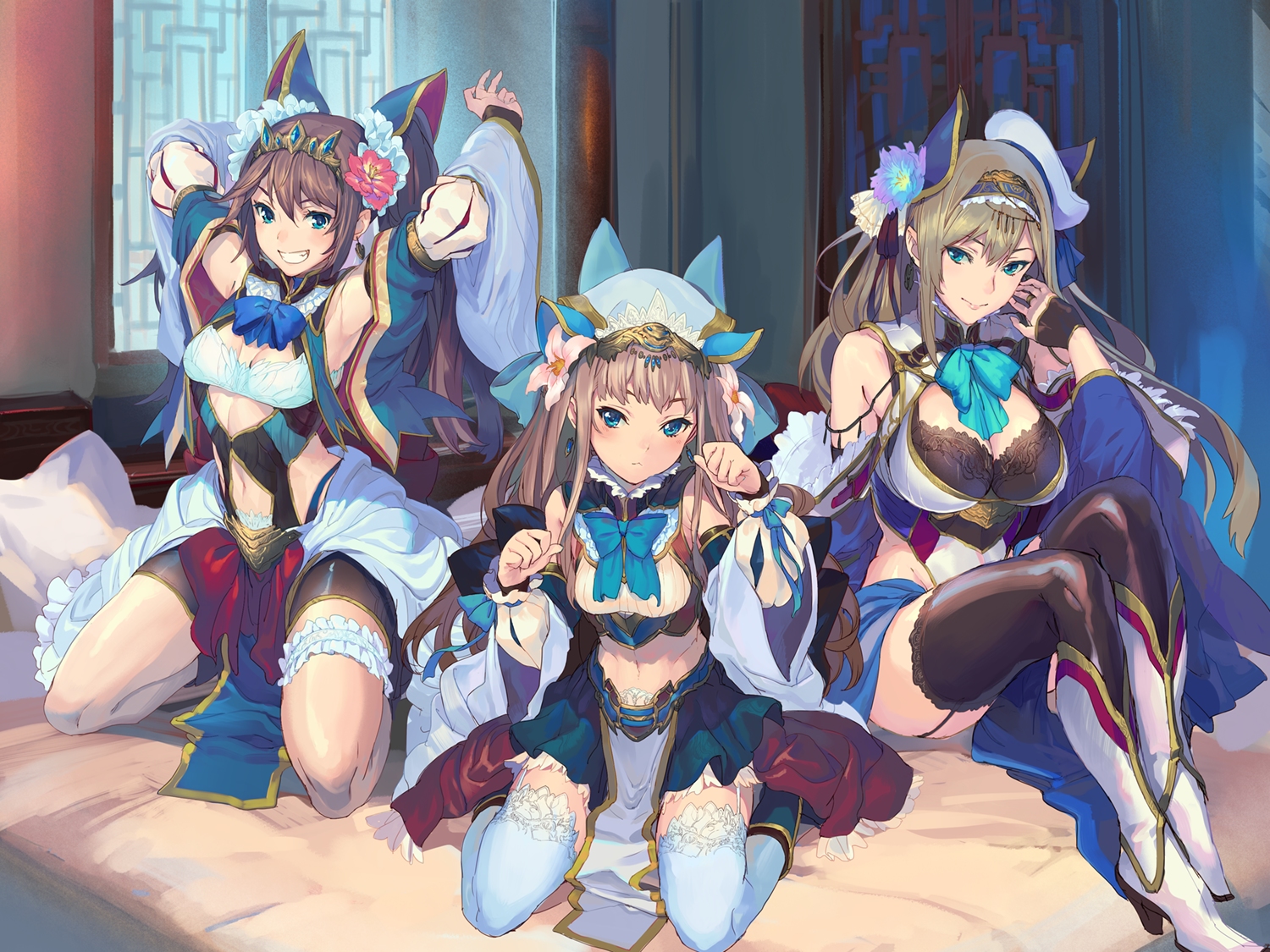 breasts, cleavage, garter, garter_belt, hat, long_hair, sangokushi_taisen, tagme_(artist), thighhighs