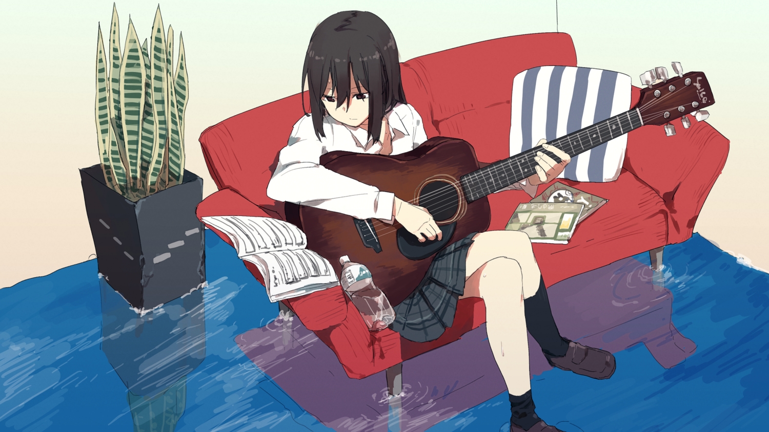 aliasing, book, couch, drink, guitar, hitomai, instrument, kneehighs