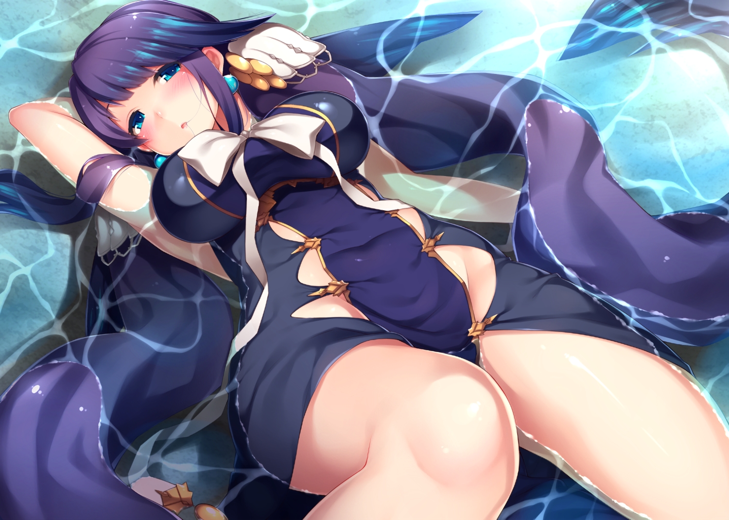aqua_eyes, ayuteisyoku, blush, breasts, little_mermaid_(sinoalice), long_hair, nopan, purple_hair