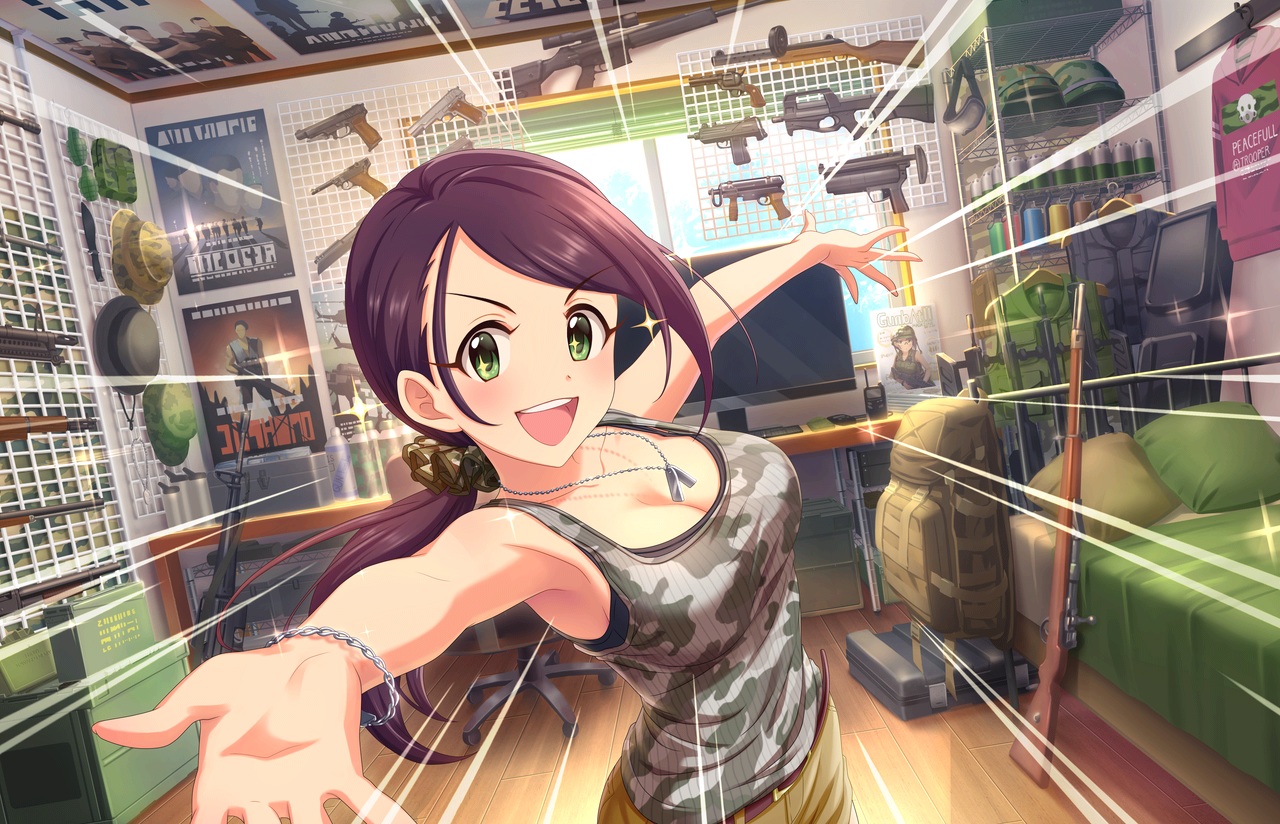 annin_doufu, armor, bed, breasts, brown_hair, chain, computer, green_eyes, gun, hat, idolmaster, idolmaster_cinderella_girls, idolmaster_cinderella_girls_starlight_stage, knife, landscape, long_hair, military, necklace, ponytail, purple_hair, scenic, shorts, weapon, wristwear, yamato_aki