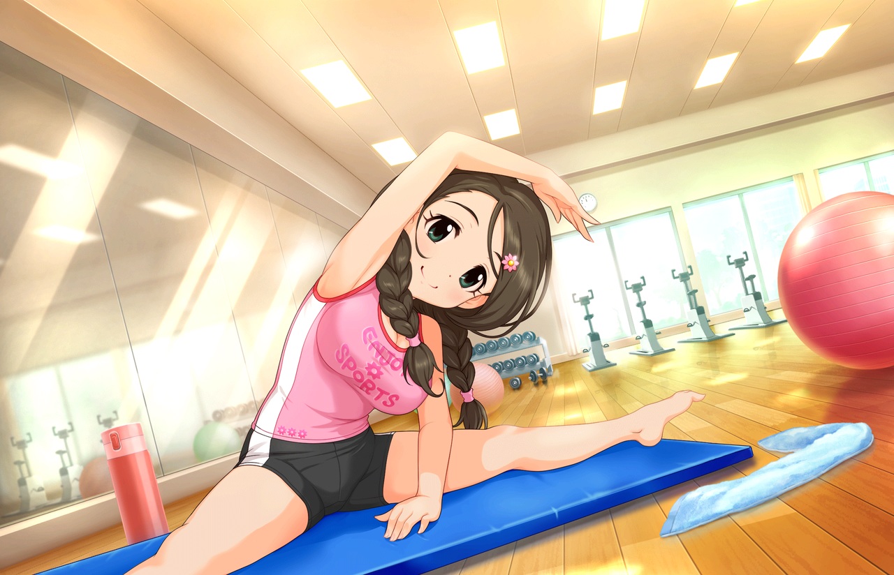 akanishi_erika, annin_doufu, ball, barefoot, braids, breasts, brown_hair, green_eyes, idolmaster, idolmaster_cinderella_girls, idolmaster_cinderella_girls_starlight_stage, long_hair, reflection, shorts, sport, spread_legs, towel, twintails