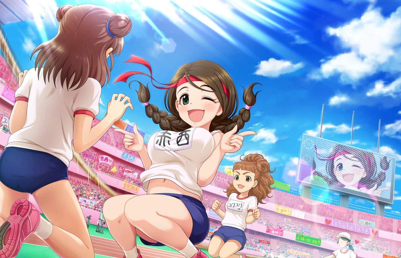 akanishi_erika, annin_doufu, ass, bloomers, braids, breasts, brown_eyes, brown_hair, green_eyes, group, gym_uniform, headband, idolmaster, idolmaster_cinderella_girls, idolmaster_cinderella_girls_starlight_stage, munakata_atsumi, navel, ohnishi_yuriko, ponytail, ribbons, short_hair, shorts, socks, twintails, wink