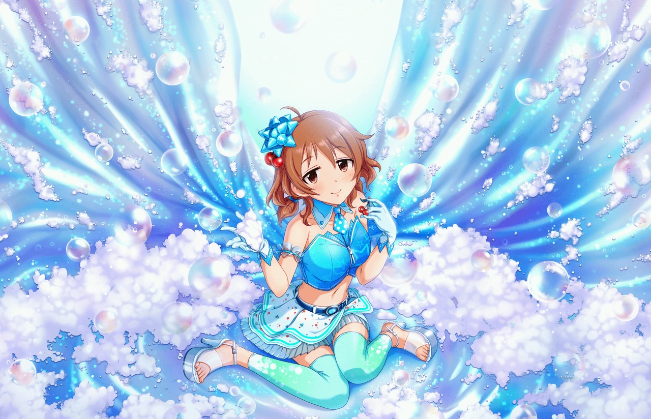 annin_doufu, araki_hina, brown_eyes, brown_hair, bubbles, cherry, food, fruit