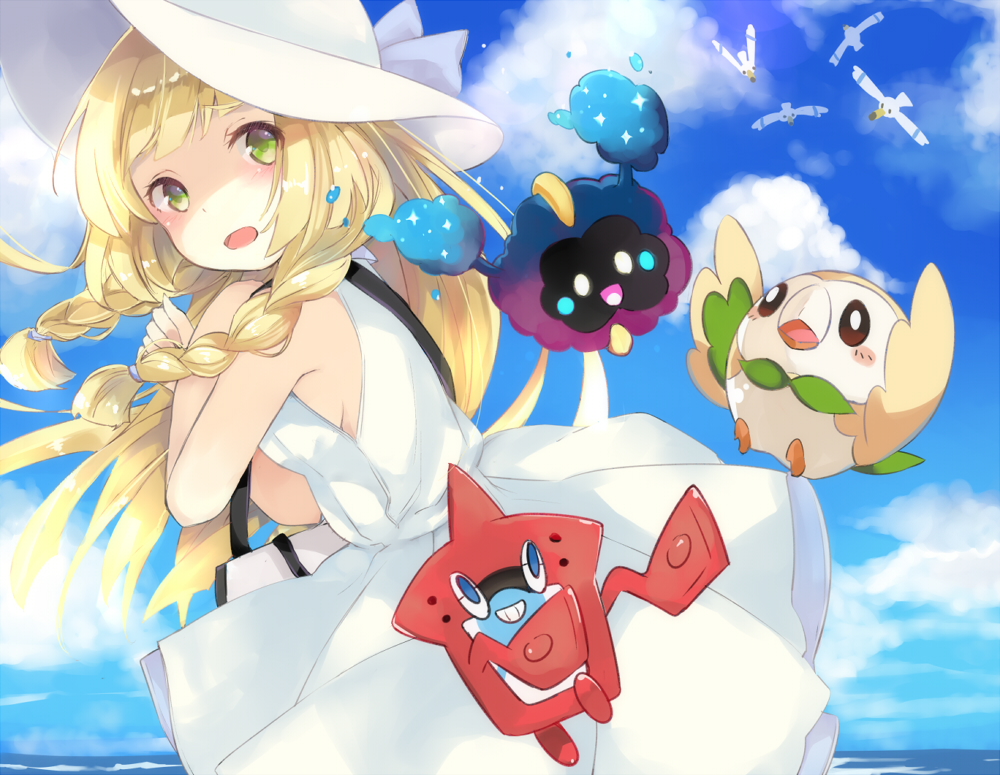 animal, bird, blonde_hair, blush, braids, clouds, cosmog, dress