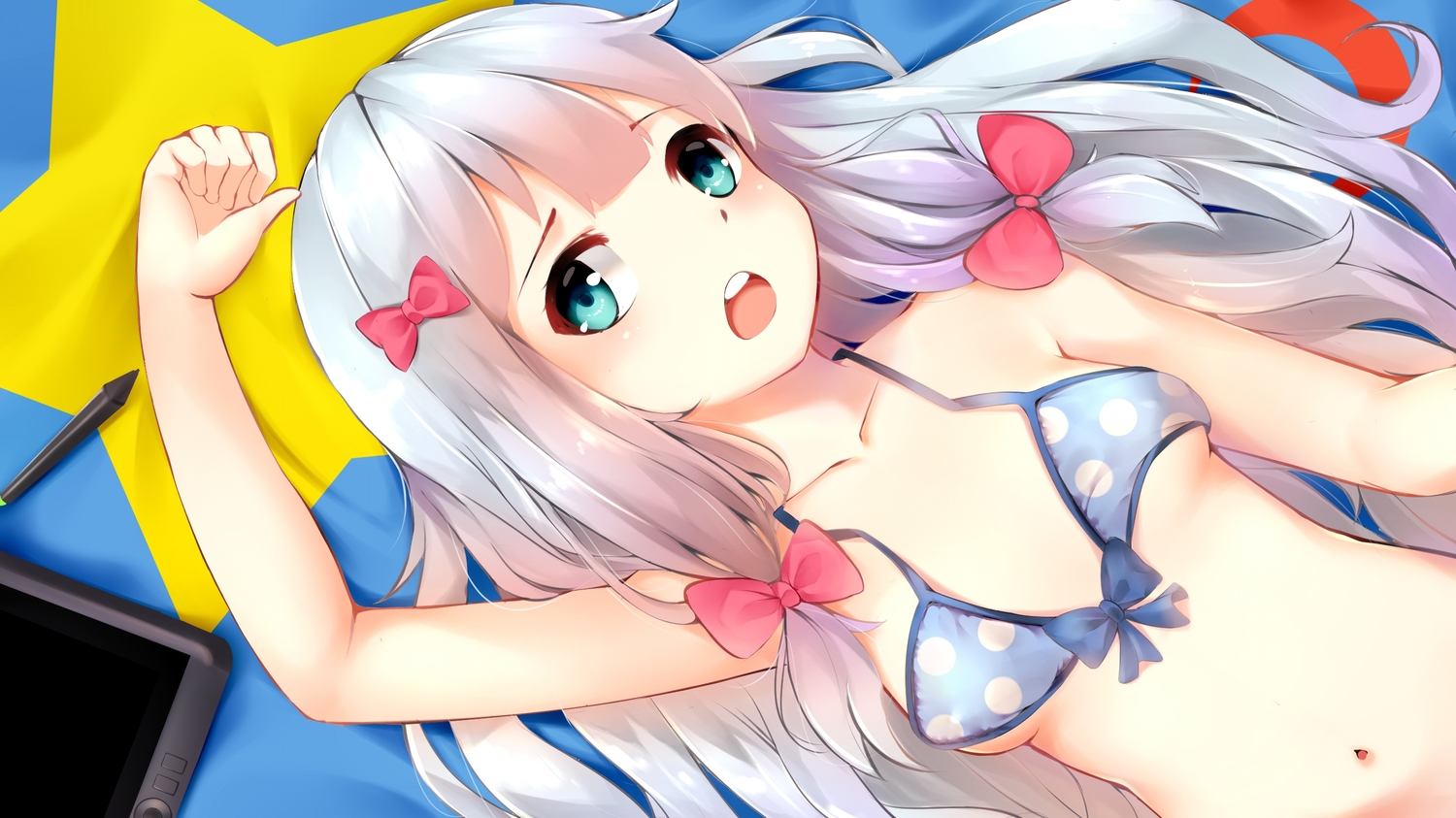 aqua_eyes, bikini, bikini_top, bow, eromanga-sensei, gray_hair, ilham, izumi_sagiri, loli, long_hair, navel, swimsuit