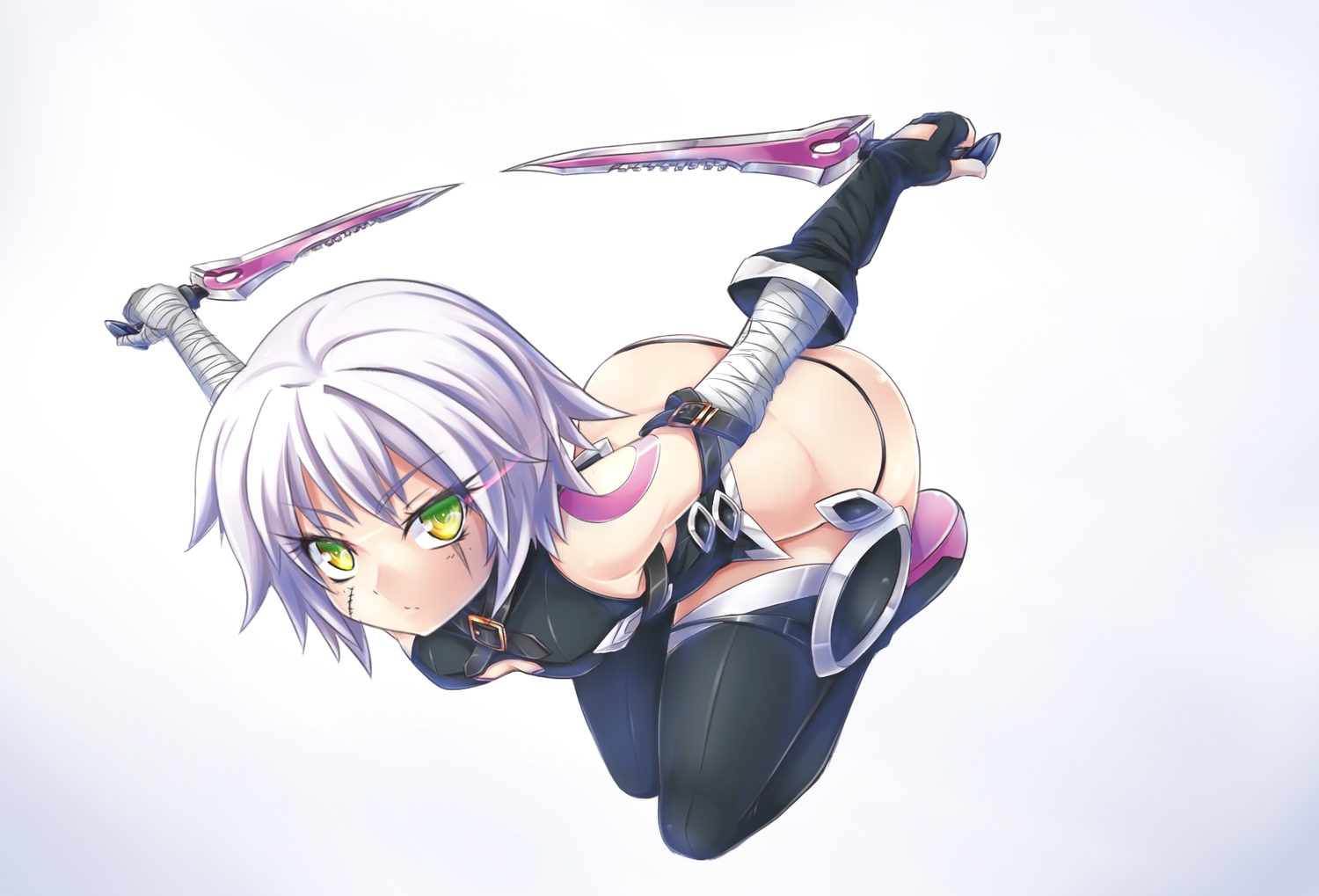 ass, bandage, breasts, elbow_gloves, fate/grand_order, fate_(series), gloves, gradient, gray_hair, green_eyes, jack_the_ripper, knife, miyabi_urumi, scar, short_hair, thighhighs