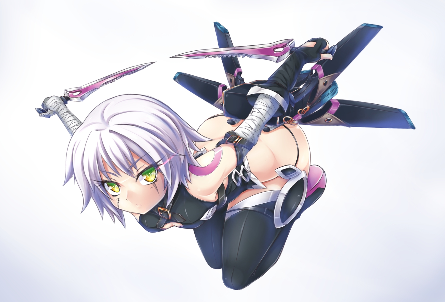 ass, bandage, breasts, elbow_gloves, fate/grand_order, fate_(series), gloves, gradient, gray_hair, green_eyes, jack_the_ripper, knife, miyabi_urumi, scar, short_hair, thighhighs