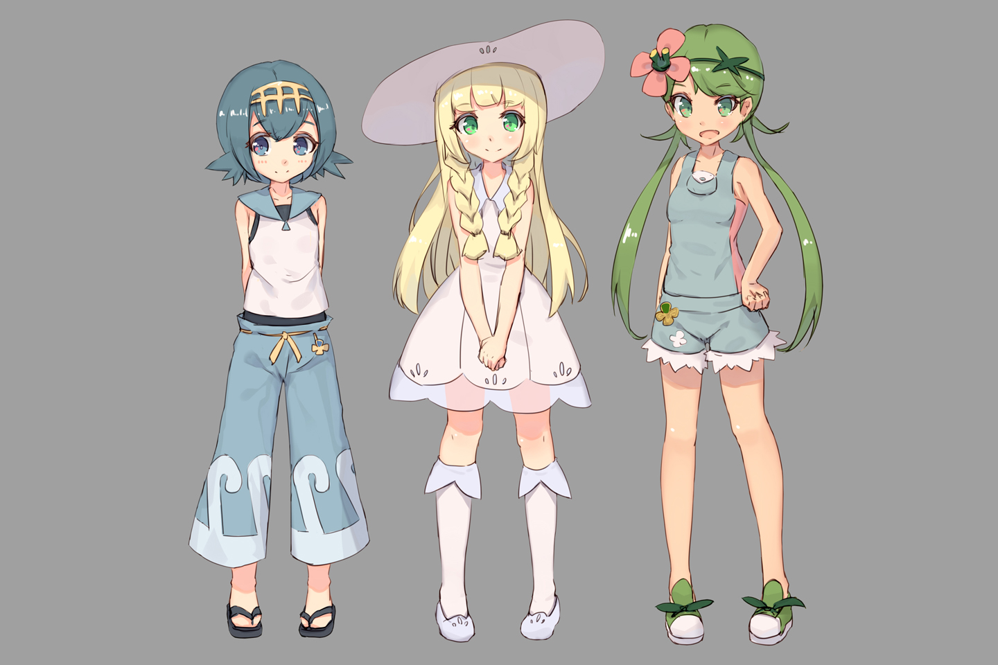 blonde_hair, braids, gray, green_eyes, green_hair, hat, lillie_(pokemon), long_hair, mao_(pokemon), pokemon, shone, short_hair, shorts, suiren_(pokemon)