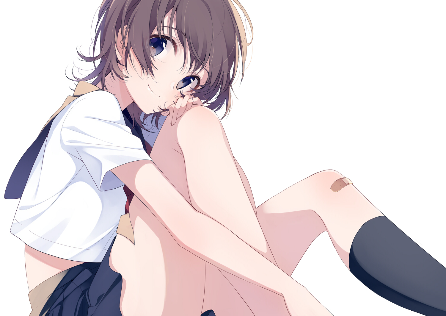 bandaid, blue_eyes, brown_hair, kneehighs, original, school_uniform, skirt, umiko_(munemiu)