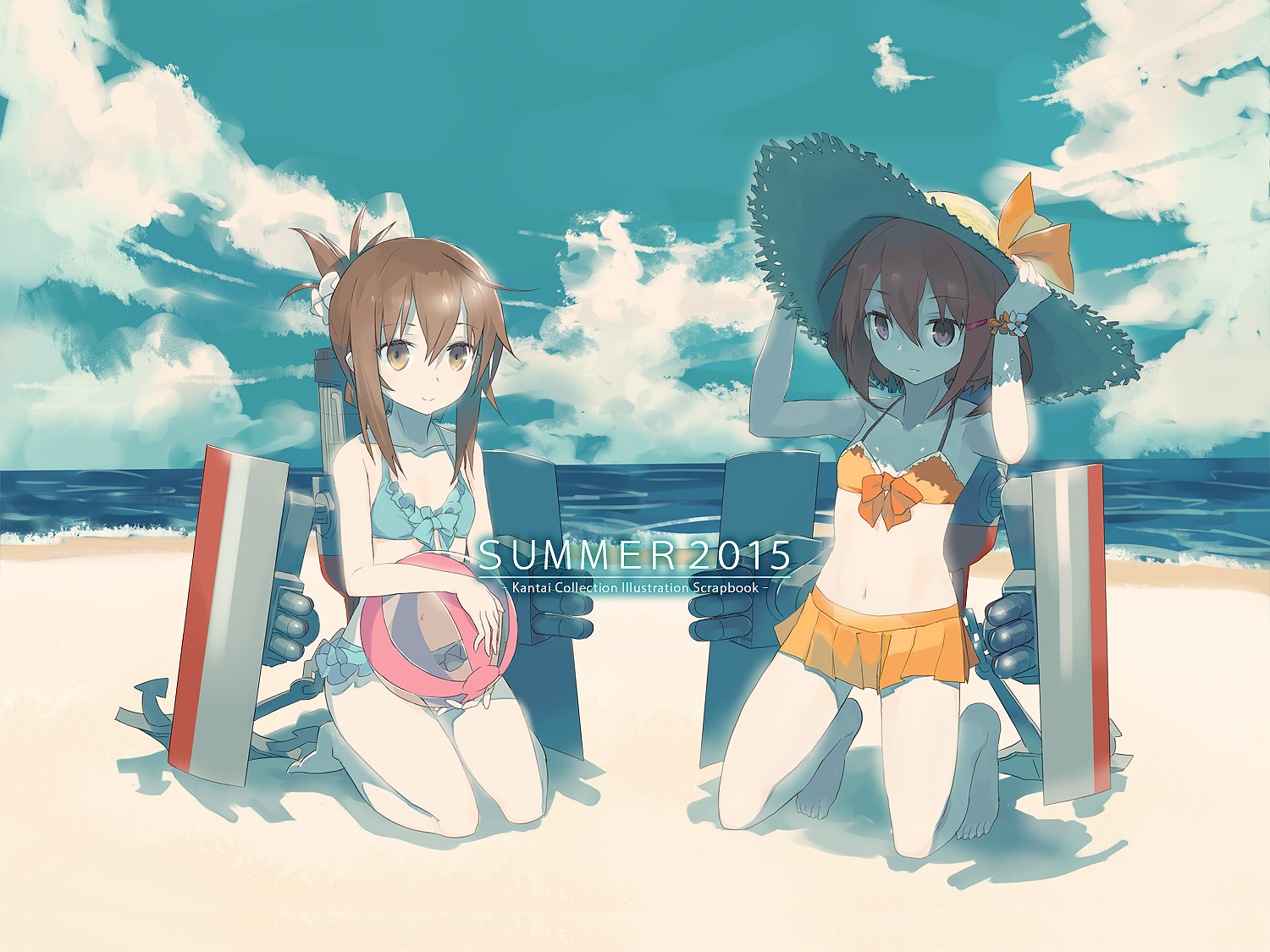 2girls, anthropomorphism, ball, barefoot, beach, bikini, brown_hair, clouds, harapeko_(886011), hat, ikazuchi_(kancolle), inazuma_(kancolle), jpeg_artifacts, kantai_collection, skirt, sky, swimsuit, water, yellow_eyes