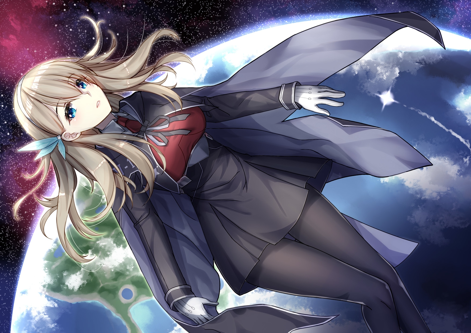 anthropomorphism, aqua_eyes, breasts, brown_hair, gloves, lexington, long_hair, pantyhose, planet, ryuuzouji_usagi, stars, zhanjian_shaonu
