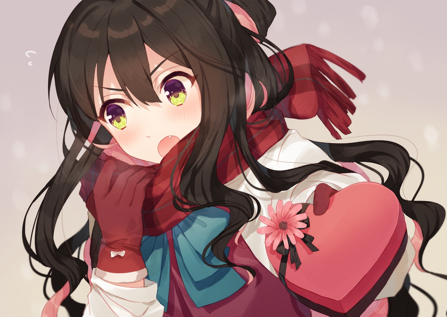anthropomorphism, black_hair, blush, bow, fang, flowers, gloves, green_eyes