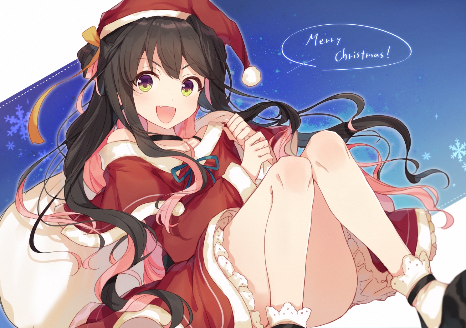 anthropomorphism, black_hair, blue, christmas, dress, fang, green_eyes, hat