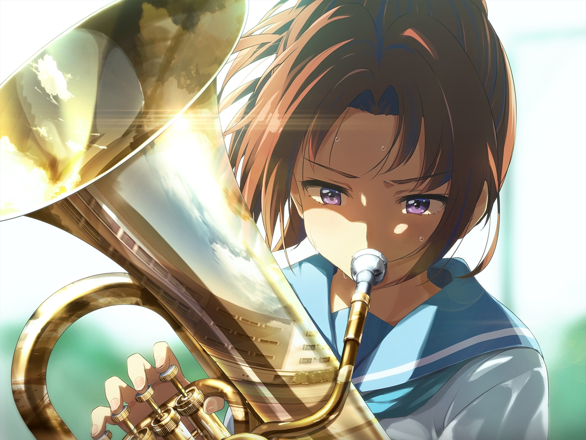 brown_hair, hibike!_euphonium, instrument, nakagawa_natsuki, narumi_nanami, purple_eyes, short_hair