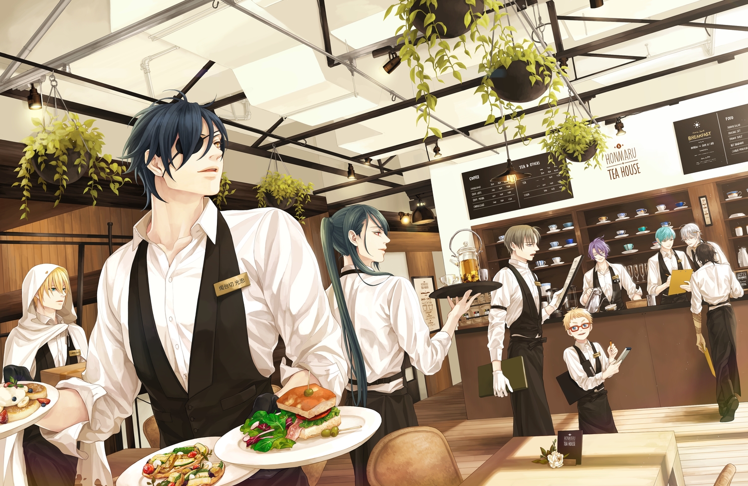 all_male, anthropomorphism, aqua_eyes, aqua_hair, black_hair, blonde_hair, brown_hair, drink, eyepatch, food, fruit, glasses, gloves, gray_hair, green_hair, long_hair, male, ponytail, purple_hair, red_eyes, short_hair, strawberry, tagme_(character), touken_ranbu, two_frame, yellow_eyes