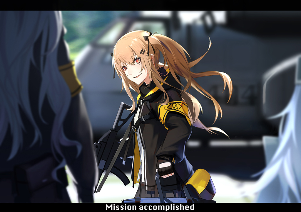 anthropomorphism, bow, brown_hair, girls_frontline, gloves, gun, long_hair, narcolepsy-1900