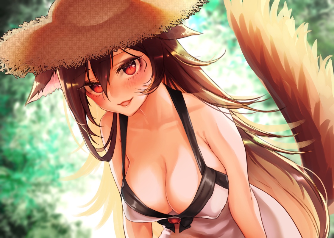 animal_ears, blush, breasts, brown_hair, green, hat, imaizumi_kagerou, long_hair