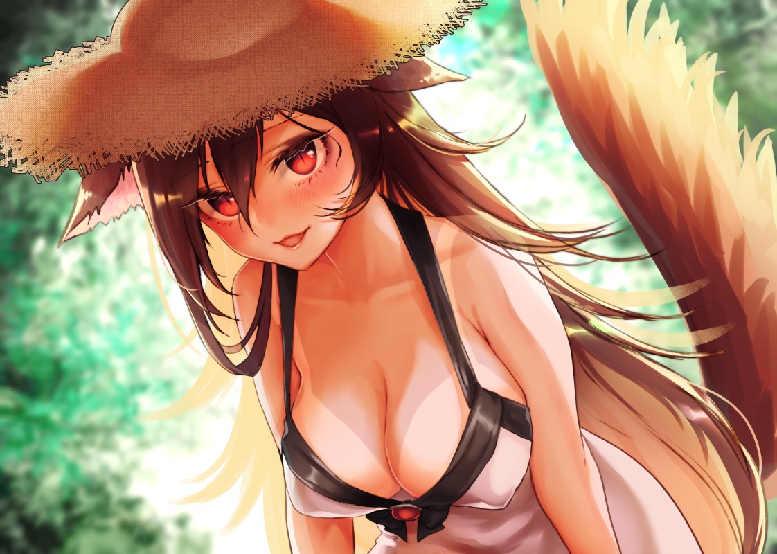animal_ears, blush, breasts, brown_hair, green, hat, imaizumi_kagerou, long_hair