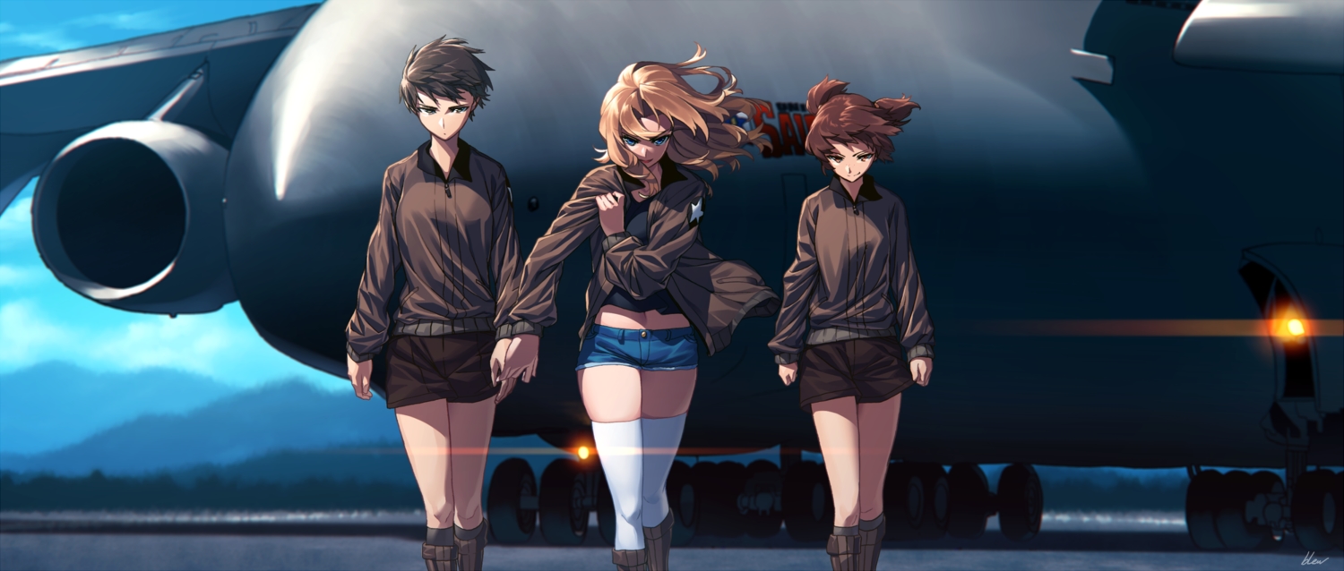 aircraft, alisa_(girls_und_panzer), blew_andwhite, blue_eyes, boots, brown_eyes, brown_hair, clouds, girls_und_panzer, kay_(girls_und_panzer), kneehighs, naomi, short_hair, shorts, signed, sky, thighhighs, zettai_ryouiki