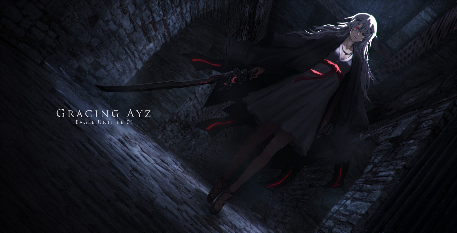 dress, gray_hair, long_hair, necklace, original, pantyhose, red_eyes, shiroi_suzume, sword, weapon