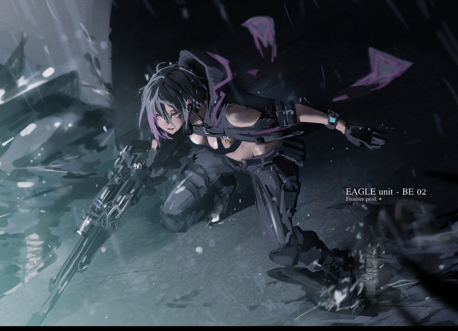 black_hair, boots, breasts, gloves, gun, original, pink_eyes, shiroi_suzume, short_hair, weapon