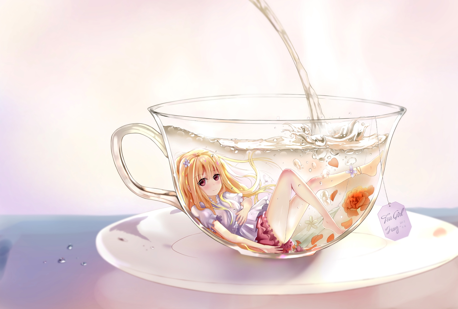blonde_hair, flowers, jcj0125, loli, original, red_eyes, skirt, water, white
