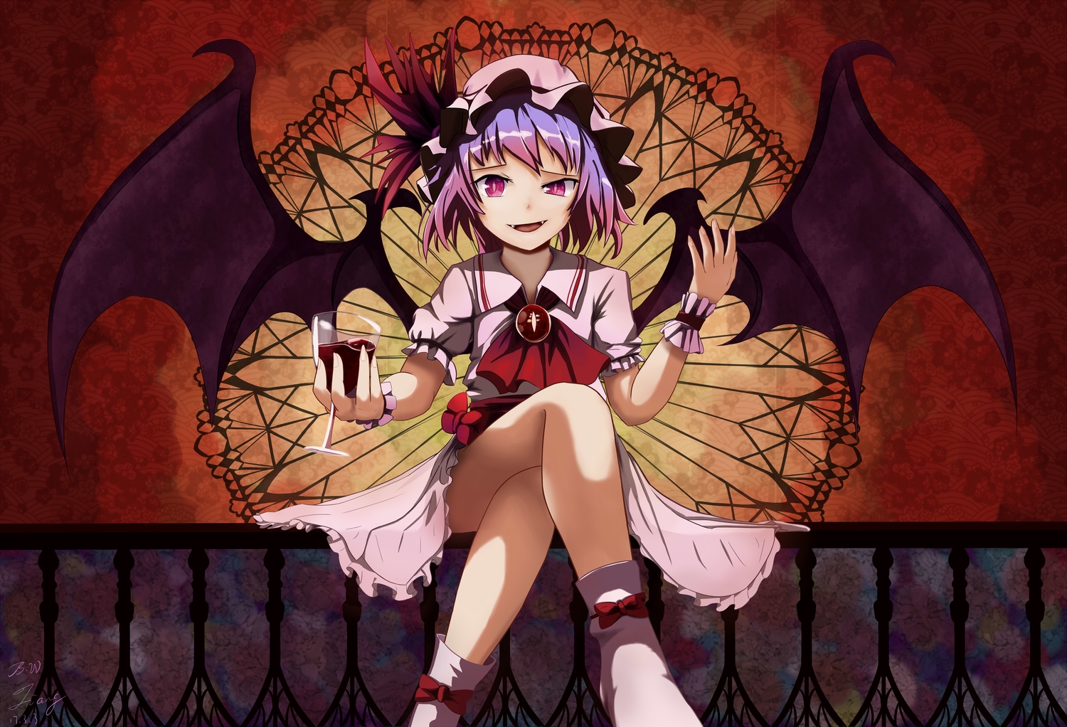 blonde_hair, drink, fang, hat, jcj0125, remilia_scarlet, signed, touhou