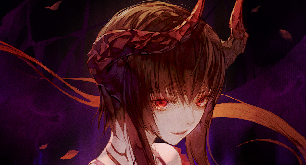 brown_hair, close, eliza_(tekken), horns, red_eyes, short_hair, tattoo, tekken
