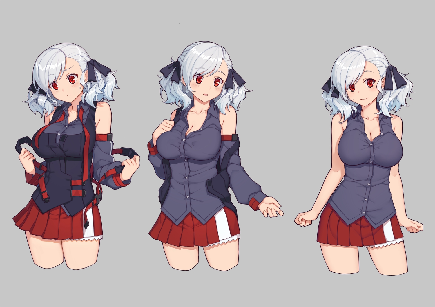 anthropomorphism, blush, breasts, cleavage, girls_frontline, gray, gray_hair, red_eyes