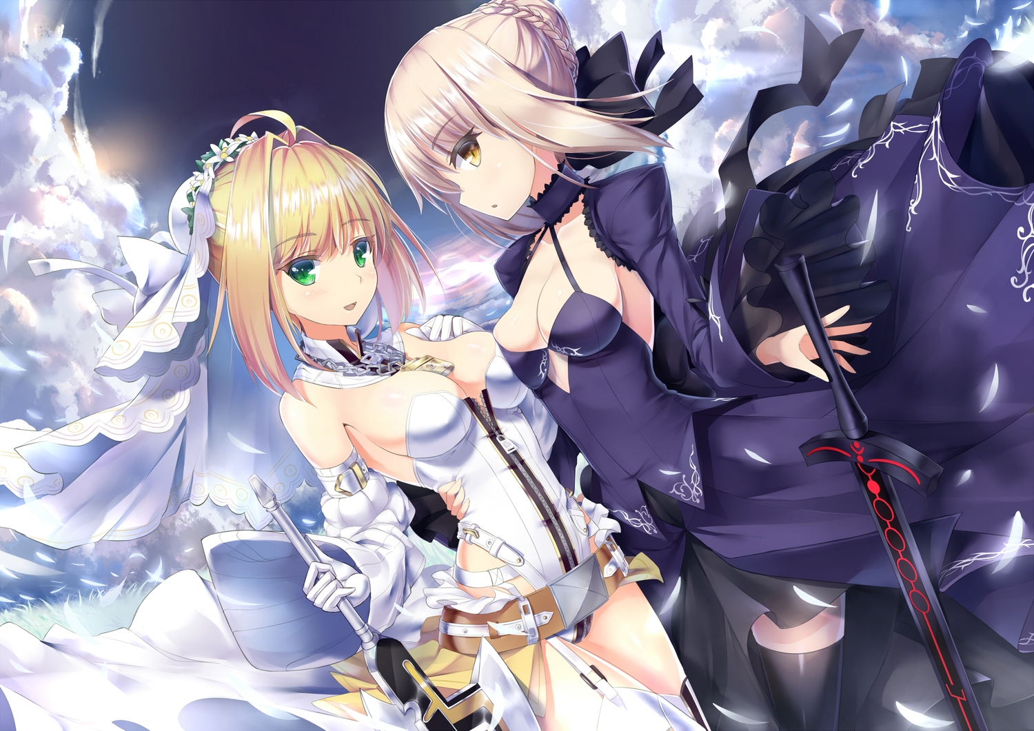 artoria_pendragon_(all), blonde_hair, braids, breasts, cafeore, chain, clouds, elbow_gloves