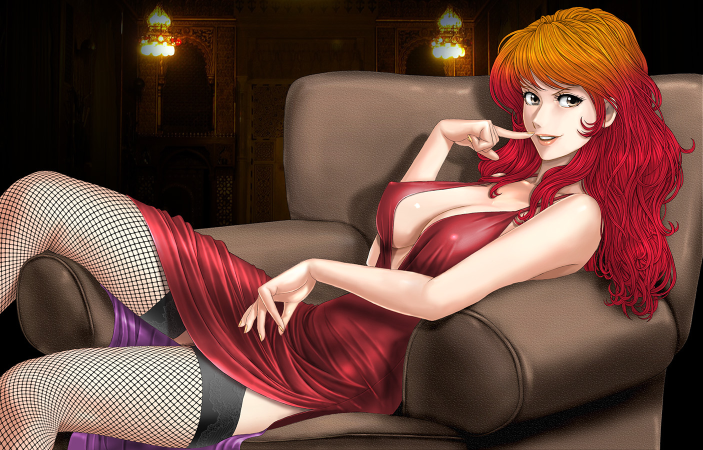 breasts, brown_eyes, couch, erect_nipples, long_hair, lupin_iii, mine_fujiko, thighhighs