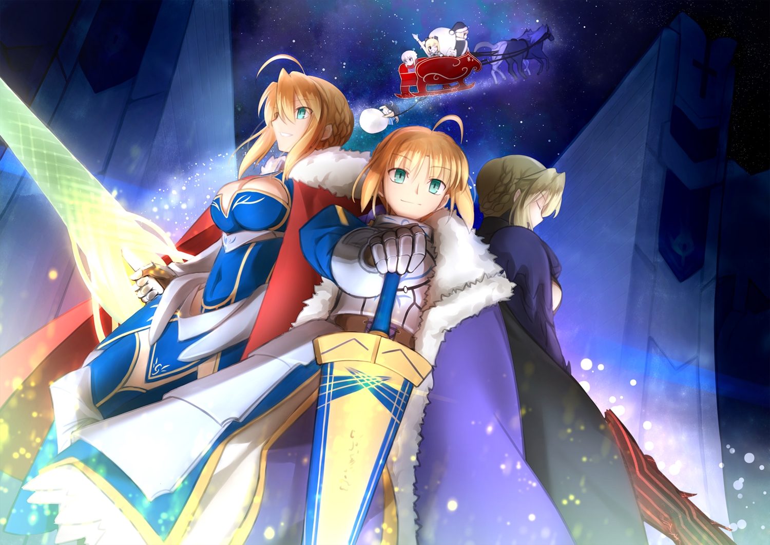 animal, aqua_eyes, armor, artoria_pendragon_(all), artoria_pendragon_(lancer), artoria_pendragon_(lancer)_alter, blonde_hair, braids, breasts, cape, christmas, dog, dress, elbow_gloves, fate/grand_order, fate_(series), gloves, hat, migiha, mysterious_heroine_x, mysterious_heroine_x_alter, saber, saber_alter, saber_lily, santa_costume, santa_hat, short_hair, sword, tagme_(character), weapon