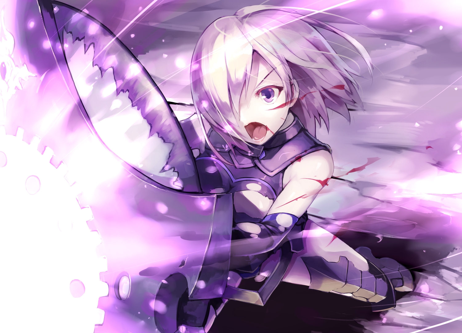 blood, bodysuit, boots, breasts, fate/grand_order, fate_(series), mash_kyrielight, purple_eyes, purple_hair, short_hair, spread_legs, sue_sgr_u, torn_clothes