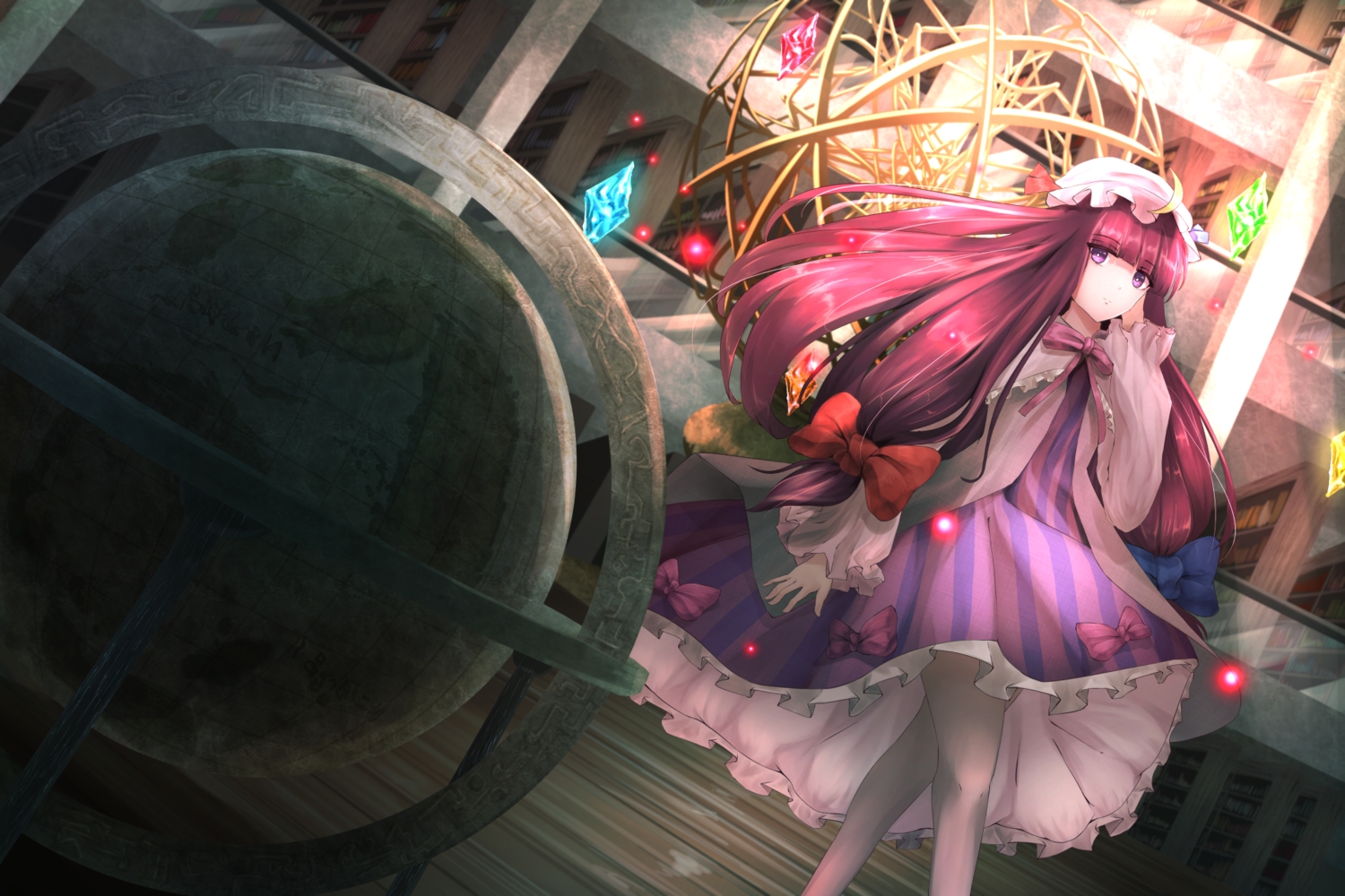 bow, cacao_devil, dress, hat, long_hair, patchouli_knowledge, purple_eyes, touhou